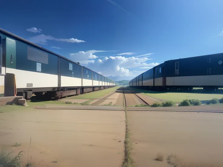 there is a train that is going down the tracks in the field, anime countryside landscape, made of tree and fantasy valley, scenery art detailed, beautifull puffy clouds. anime, detailed scenery —width 672, anime landscape wallpaper, anime landscape, studio...