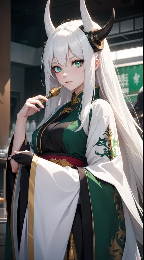 adult girl, Long white hair, Working with a horn, Green eyes, dragon tattoo, A cyborg, Hanfu, Masterpiece, hiquality