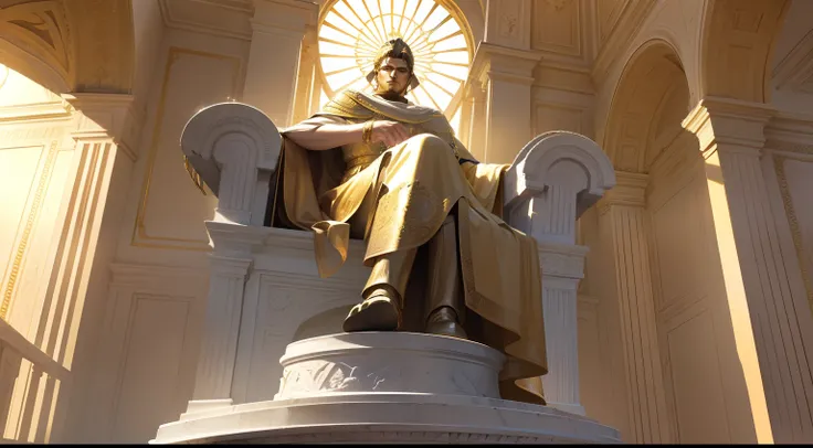 Imperador romano poderoso, detalhes ultra-realistas em CG, impeccable quality, lighting dramatic, sombra intensa, majestic statue of emperor, vestimentas reais, grandiose scenery, monumentos imponentes, starly sky, atmosfera misteriosa.