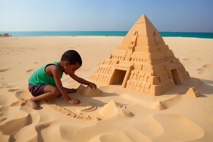 Date: 2008
Country: Egypt
Description: A child creates a whimsical sandcastle inspired by the iconic pyramids on a sandy beach, capturing the imaginative spirit of youth.