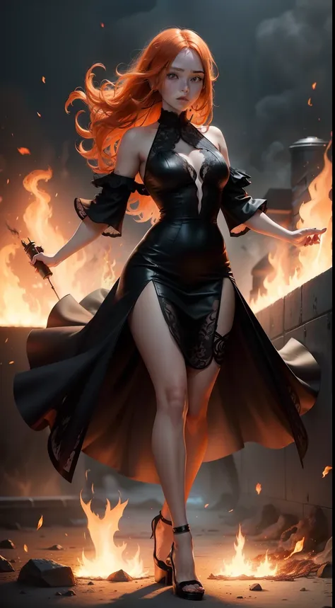 Ginger girl with freckles, black lacy dress, looking fierce, flames swirling around her, full body, black high heels