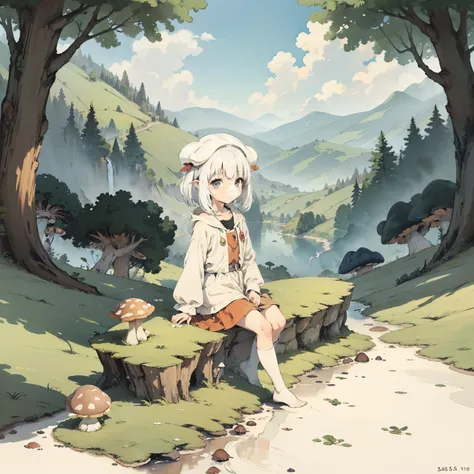 Explore the kingdom of psychedelic and fantasy mushrooms，Huge mushrooms，Watercolor illustration, Perfect anatomy, Masterpiece, Best quality, 1girll, Loli,elementary student， Solo, (with short white hair:1.2),Nature, landscape，tiny feet, Sit on mushrooms，So...