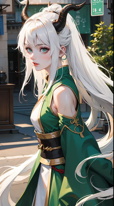 adult girl, Long white hair, Working with a horn, Green eyes, dragon tattoo, A cyborg, Hanfu, Masterpiece, hiquality