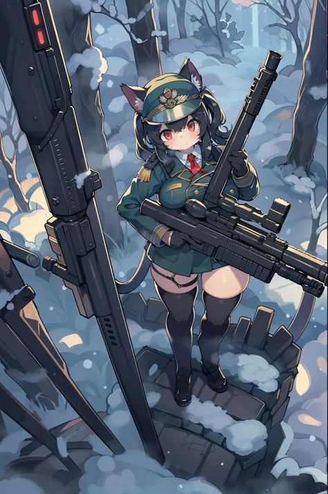 snowy forest, Black hair, Cat ears, Cat Girl, Red Eyes, As I ran, Nazi officer uniform, Nazi, Germany, Black Officer Uniform,huge-breasted、Giant Sniper Rifle、From the top、Overhead view