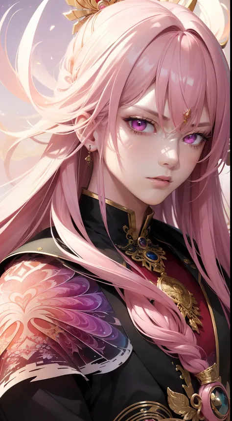 (masterpiece, top quality, best quality, official art, beautiful and aesthetic:1.2), (1man), extreme detailed,(fractal art:1.3),colorful,highest detailed, Male character with light pink long hair, pink eyes, wearing traditional kinono, extremely handsome, ...