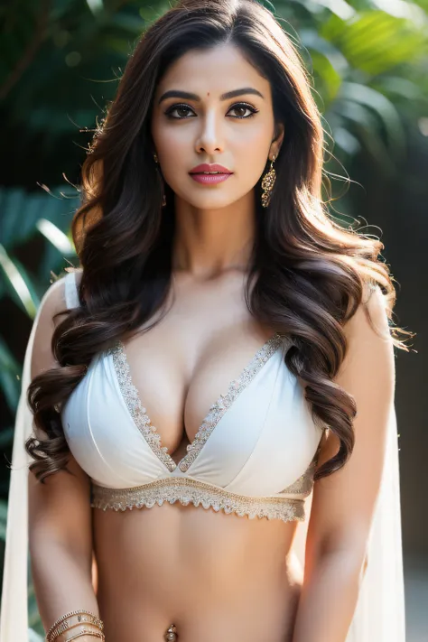 Portrait of A confident-looking indian woman with long flowing hair, hazel eyes, with flowing capes, wearing bikini,  c-cup breast, waterfall background, bokeh, perfect composition, hyperrealistic, super detailed, 8k, high quality, trending art, trending o...