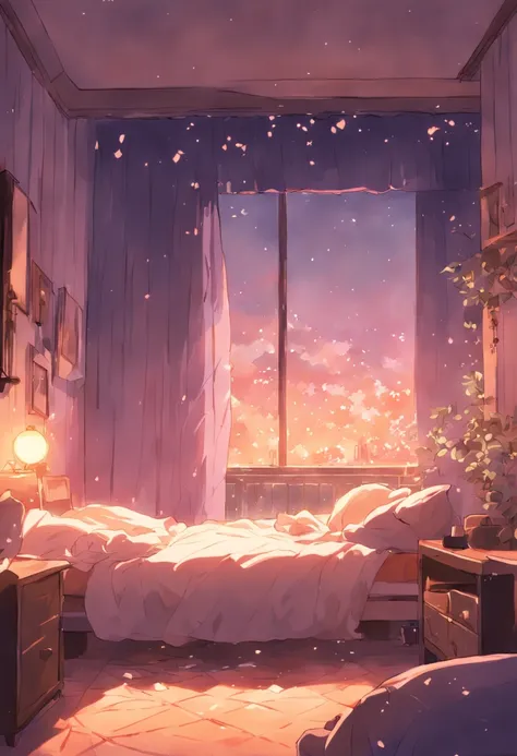 Visualize a cozy room with pastel-colored curtains. Raios dourados do sol se infiltram, iluminando uma cama onde Lely, uma garota de cabelos castanhos e pijama florido, is waking up. Birds are silhouetted in the window. (Estilo de arte de Makoto Shinkai)