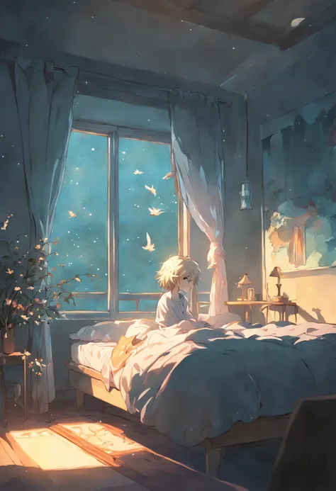 Visualize a cozy room with pastel-colored curtains. Raios dourados do sol se infiltram, iluminando uma cama onde Lely, uma garota de cabelos castanhos e pijama florido, is waking up. Birds are silhouetted in the window. (Estilo de arte de Makoto Shinkai)