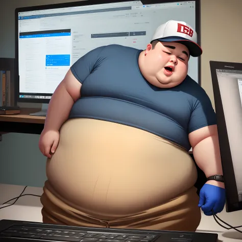 Fat boy at the computer, slob