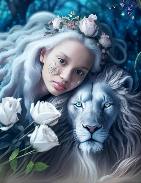 A closeup of a woman with a white lion and flowers, retrato bonito da arte da fantasia, retrato bonito da fantasia, gorgeous goddess of leo, Magali Villeneuve», retrato da arte da fantasia, bela arte de fantasia, bela arte digital, arte de fantasia muito b...