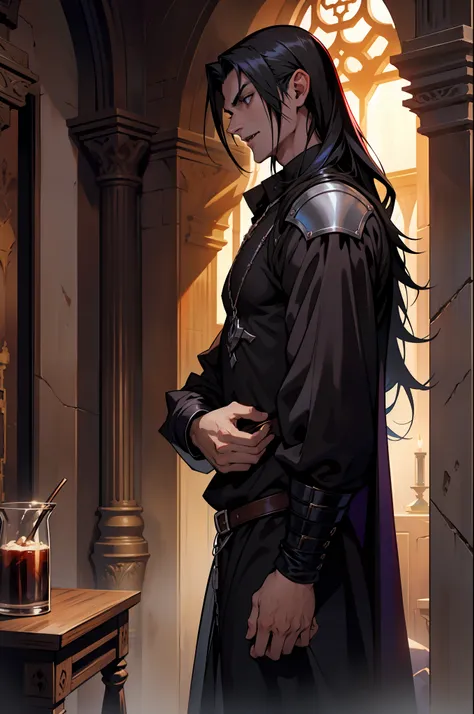 arafed man in a dark shirt in a room, skinny male fantasy alchemist, androgynous vampire, with his long black hair, with long dark hair, male vampire, handsome male vampire, as a medieval fantasy character