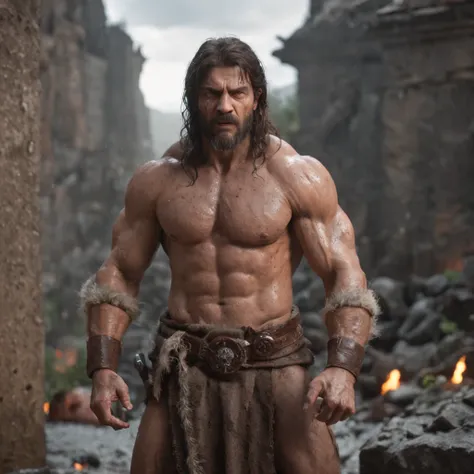 (professional 3d render:1.3) af (Realistic:1.3) most beautiful artwork photo in the world，Features soft and shiny male heroes, ((Epic hero fantasy muscle man rough wet hero angry looking long hair short beard and ferocious expression in dynamic pose, Fanta...