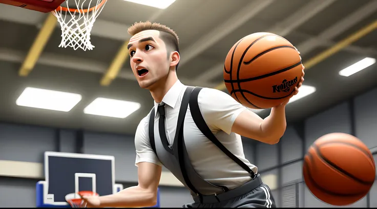 A chicken playing basketball in suspenders with a mid-head combed