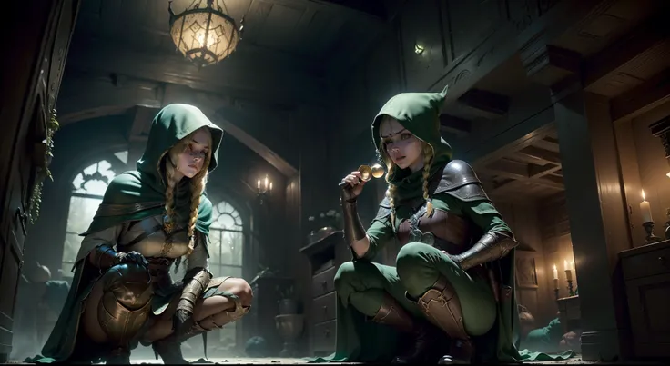 duo: Elven female ( Golden hair, Green eyes )Squatting ( commotion: 1,3 ) , Elven female( Golden hair, Cyan eyes ) Squatting, Scary atmosphere (( In a house from Skyrim, Stealing things)) (Adding symbols, Theft from the chest) ( Wear magical cloaks with a ...