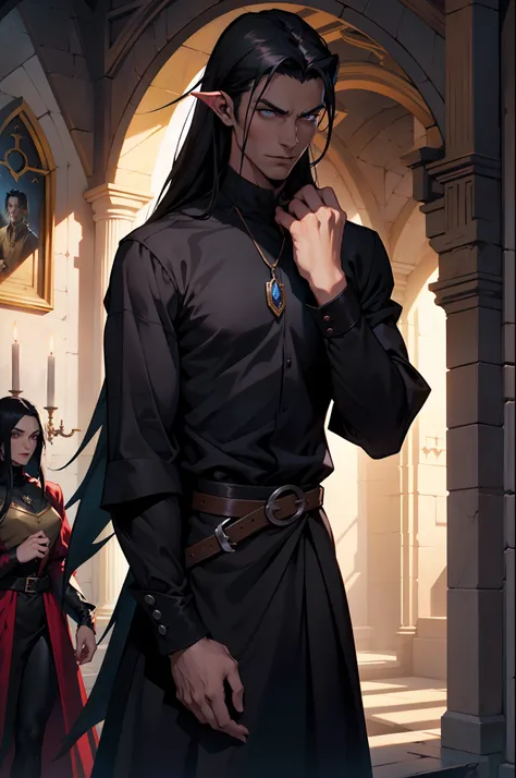 arafed man and 1women in a dark shirt in a room, skinny male fantasy alchemist, androgynous vampire, with his long black hair, with long dark hair, male vampire, handsome male vampire, as a medieval fantasy character