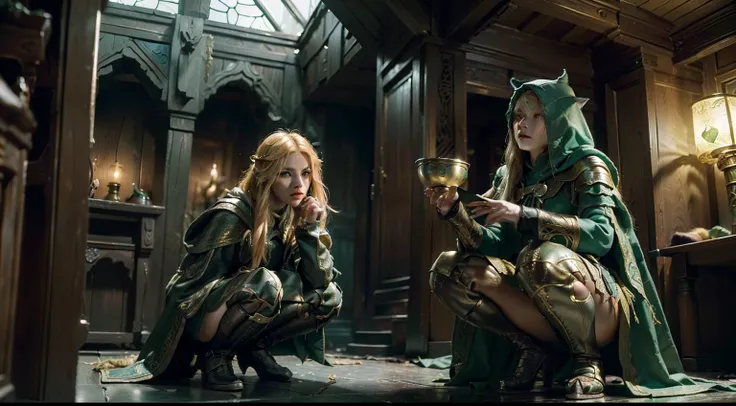 duo: Elven female ( Golden hair, Green eyes )Squatting ( commotion: 1,3 ) , Elven female( Golden hair, Cyan eyes ) Squatting, Scary atmosphere (( In a house from Skyrim, Stealing things)) (Add characters, stealing from the chest) ( Wear magical cloaks with...