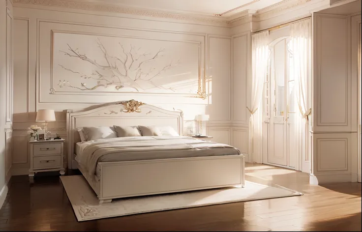 neoclassical, Masterpiece, high quality, best quality, realistic, natural light:1.4, light from the window, super detail,(((pastel neoclassical interior)), ant minimalist architecture, minimalist bedroom, table, carpet, bedroom, neoclassical wardrobe, wood...