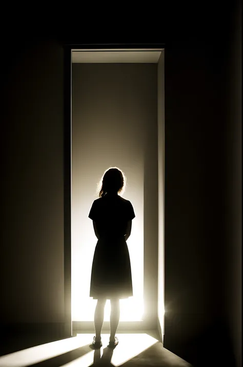 there is a woman standing in the dark with a light shining on her face, light falling on face, strong eerie back light, standing in a dimly lit room, standing under a beam of light, 35mm dramatic lighting, female image in shadow, mysterious woman, dark moo...