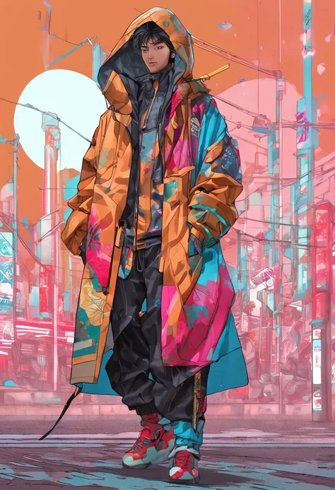 Alavid image of a man in a raincoat and pants, highly detailed kimono, stylish coat for a rave, clothing concept, trigger anime artstyle, wearing japanese techwear, hyperreal rendering, techwear look and clothes, digital art render, realistically rendered ...