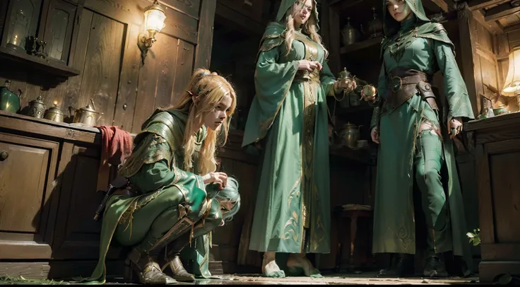 duo: Elven female ( Golden hair, Green eyes )Squatting ( commotion: 1,3 ) , Elven female( Golden hair, Cyan eyes ) Squatting, Scary atmosphere (( In a house from Skyrim, Stealing things)) (Adding symbols, Theft from the chest) ( Wear magical cloaks with a ...