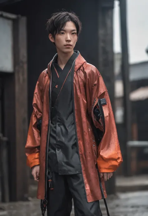 Alavid image of a man in a raincoat and pants, highly detailed kimono, stylish coat for a rave, clothing concept, trigger anime artstyle, wearing japanese techwear, hyperreal rendering, techwear look and clothes, digital art render, realistically rendered ...