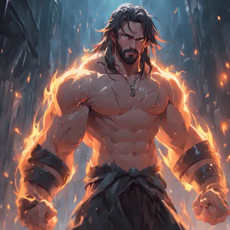 (professional 3d render:1.3) af (Realistic:1.3) most beautiful artwork photo in the world，Features soft and shiny male heroes, ((Epic hero fantasy muscle man rough wet hero angry looking long hair short beard and ferocious expression in dynamic pose, Fanta...