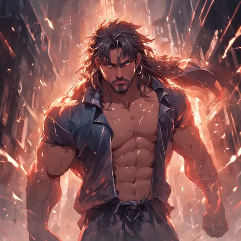 (professional 3d render:1.3) af (Realistic:1.3) most beautiful artwork photo in the world，Features soft and shiny male heroes, ((Epic hero fantasy muscle man rough wet hero angry looking long hair short beard and ferocious expression in dynamic pose, Fanta...