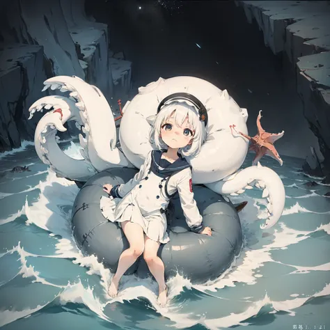 Deep in the ocean，Above the sea，Waves roll，（Giant Squid 1.2），A small raft， 1girll, Loli,elementary student， Solo, (with short white hair:1.2),