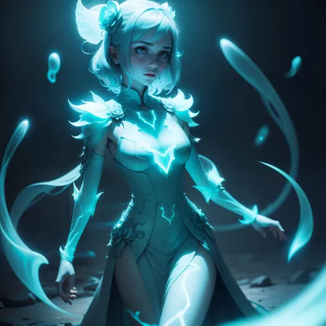 semi-ghost female, bioluminescent arms, hyperdetailed, medium shot, cinematic