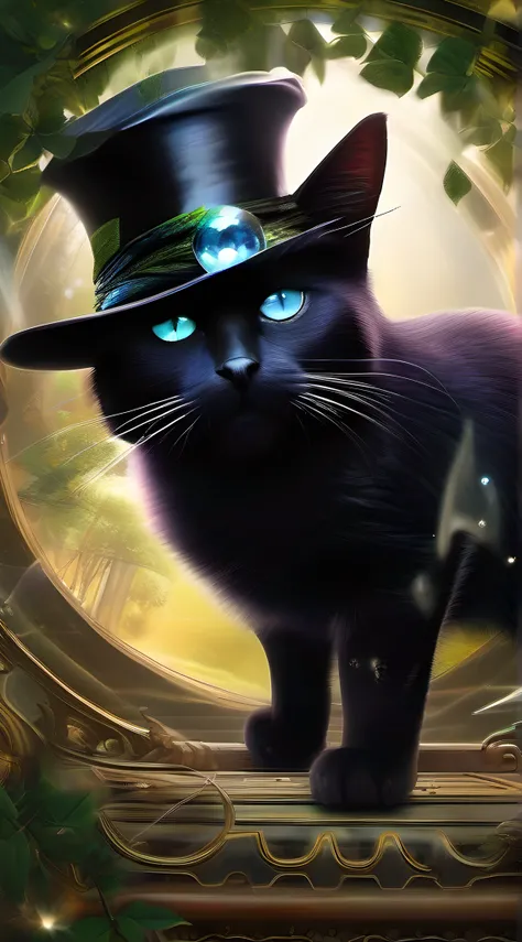 In a hyperrealistic masterpiece, Portrait of a mysterious black cat wearing a big black hat with a crystal ball summoning demons, masterpiece, blue eyes, magic charms, magic, aura of mysticism, ghost, full moon, deep forest and mysterious image, night but ...