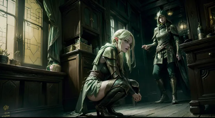 duo: Elven female ( Golden hair, Green eyes )Squatting ( commotion: 1,3 ) , Elven female( Golden hair, Cyan eyes ) Squatting, Scary atmosphere (( In a house from Skyrim, Stealing things)) (Add characters, stealing from the chest) ( Wear magical cloaks with...