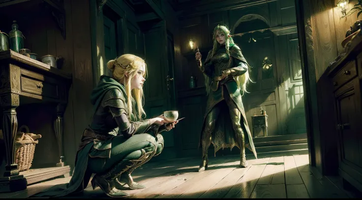 duo: Elven female ( Golden hair, Green eyes )Squatting ( commotion: 1,3 ) , Elven female( Golden hair, Cyan eyes ) Squatting, Scary atmosphere (( In a house from Skyrim, Stealing things)) (Add characters, stealing from the chest) ( Wear magical cloaks with...