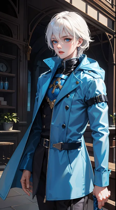 Grown-up guy, short white hair, eyes with blue color, blue leather raincoat, belts, circuits, breeches, two swords, Masterpiece, hiquality