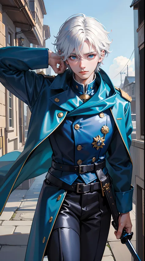 Grown-up guy, short white hair, eyes with blue color, blue leather raincoat, belts, circuits, breeches, two swords, Masterpiece, hiquality