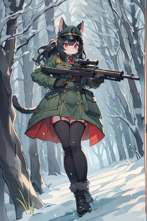 snowy forest, Black hair, Cat ears, Cat Girl, Red Eyes, As I ran, Nazi officer uniform, Nazi, Germany, Black Officer Uniform,huge-breasted、Giant Sniper Rifle、From the top、Overhead view