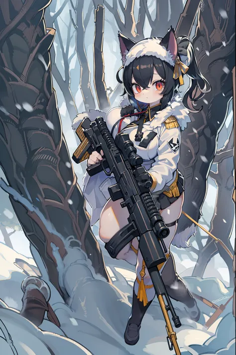 snowy forest, Black hair, Cat ears, Cat Girl, Red Eyes, As I ran, Nazi officer uniform, Nazi, Germany, Black Officer Uniform,huge-breasted、Giant Sniper Rifle、From the top、Overhead view