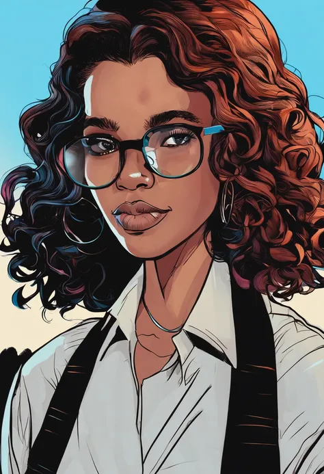 Menina bonito negra, com cabelo azul, eyeglass