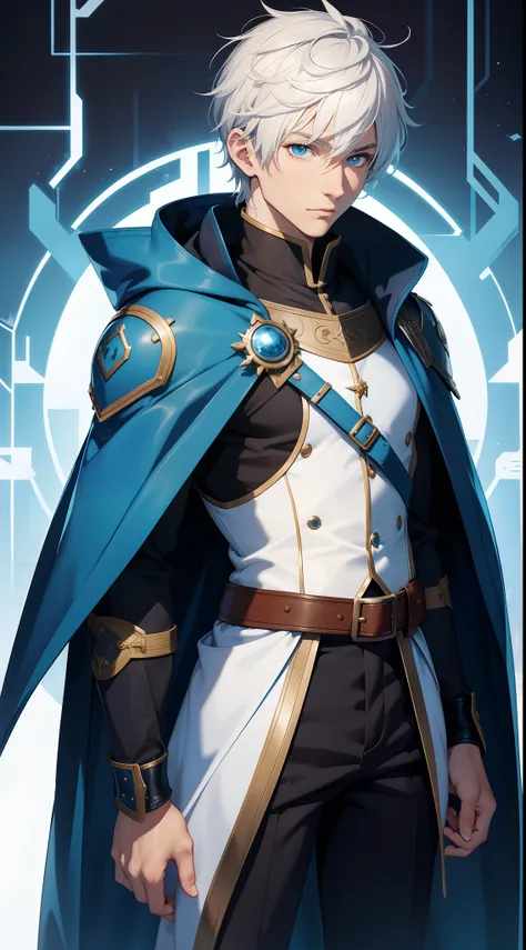 Grown-up guy, short white hair, eyes with blue color, Blue leather cloak, belts, circuits, breeches, two swords, Masterpiece, hiquality