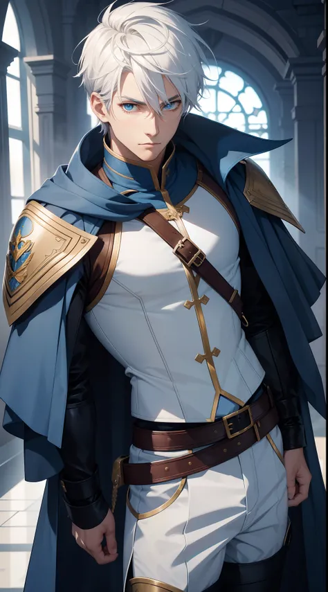 Grown-up guy, short white hair, eyes with blue color, Blue leather cloak, belts, circuits, breeches, two swords, Masterpiece, hiquality