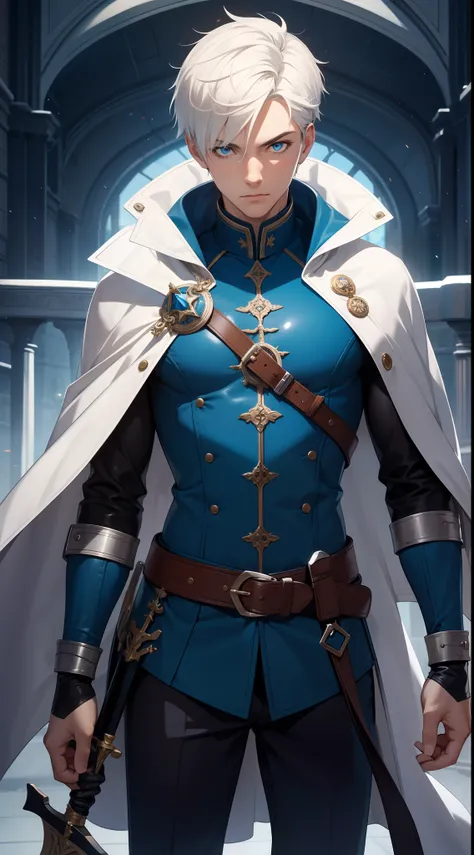 Grown-up guy, short white hair, eyes with blue color, Blue leather cloak, belts, circuits, breeches, two swords, Masterpiece, hiquality