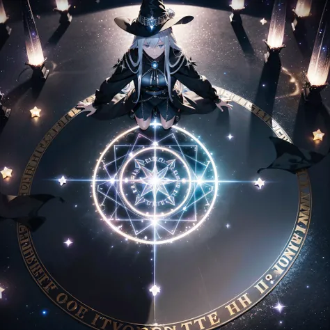 ((A magic circle with many shiny detailed letters drawn large on the ground、A magic circle that begins to glow)):1.9、((A beautiful witch with long silver hair wearing a black witch suit wearing a triangular hat who holds her hands over the magic circle and...