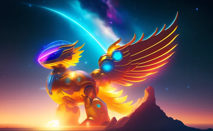 Surround a giant biollante-esque glow and a cute space mascot
Fantasy-style robot with colorful phoenix-shaped metal - giant space robot inspired by Biollante stretches towards the stars, Tendrils twisted、Rotates in all directions, Cosmic petals shine with...