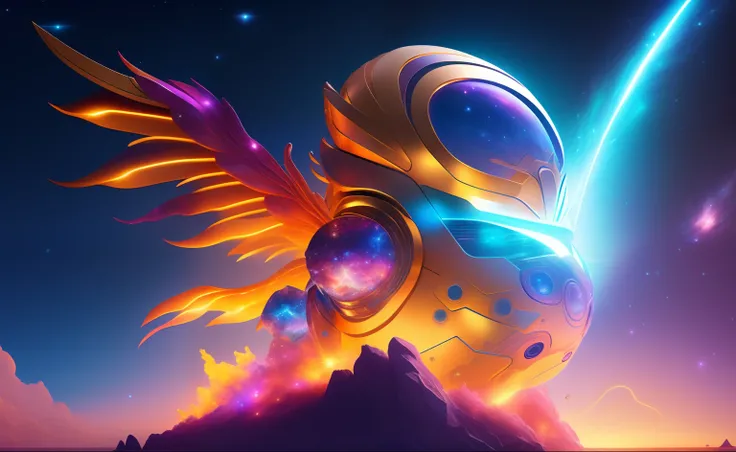 Surround a giant biollante-esque glow and a cute space mascot
Fantasy-style robot with colorful phoenix-shaped metal - giant space robot inspired by Biollante stretches towards the stars, Tendrils twisted、Rotates in all directions, Cosmic petals shine with...