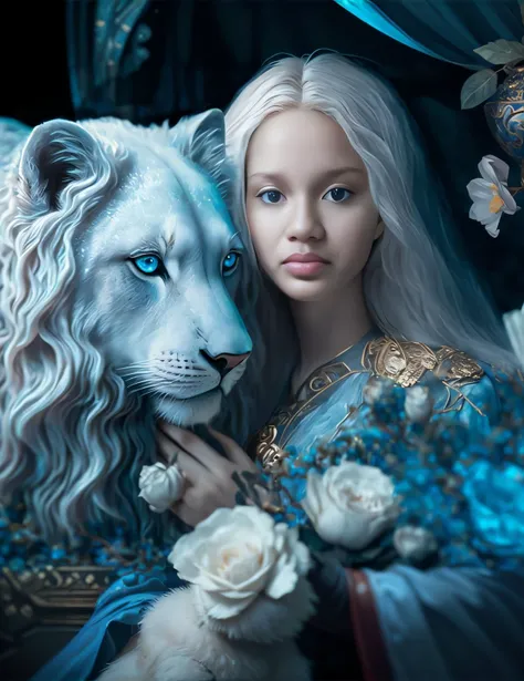 Arafed image of a woman with a white lion and flowers, retrato bonito da arte da fantasia, retrato bonito da fantasia, retrato da arte da fantasia, gorgeous goddess of leo, bela arte de fantasia, retrato da fantasia, fantasia realista intrincada, bela arte...