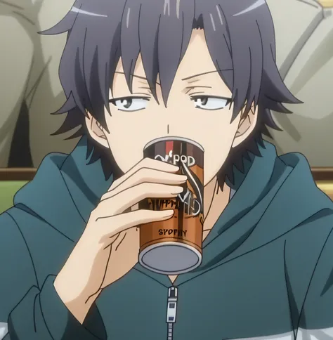 Close-up of a person drinking coffee, anime girls drink Energy drink, inspired by Okumura Togyu, drinking beer, still from tv anime, with index finger, inspirado em Okumura Masanobu, Todays featured anime stills, From cryptid academia, drinking beer, scree...