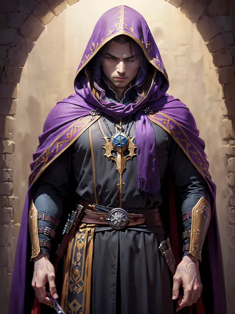 (superfine illustration, Best Quality, Ultra-detailed, Correct delineation, Perfect fingers, Perfect hands, Medieval fantasy:1.5), (mysterious assassin, Male Focus, Solo, portrait:1.5), stand with sneering, (Assassin costumes, Assassin Cloak:1.5), guild ro...