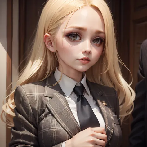 Outstanding woman with blonde hair and big eyes with long eyelashes wears a plaid suit