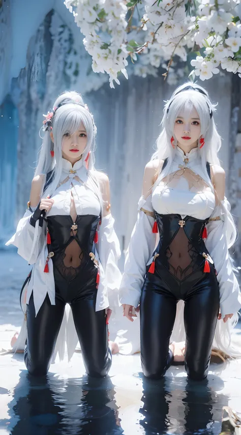 Anime - Stylish woman kneeling by the water in black and white clothing, Anime girl cosplay, Anime cosplay, cosplay, Keqing from Genshin Impact, white-haired god, Blade and soul, Gorgeous Role Play, full-cosplay, twintails white_mitts, Tifa Lockhart with w...