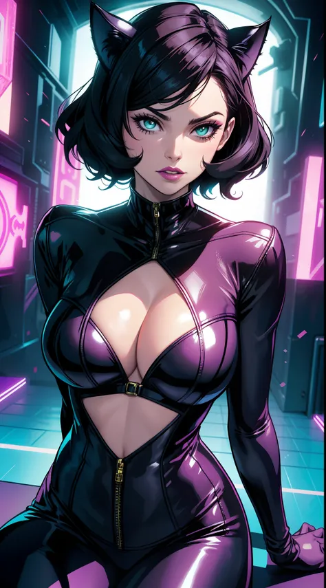 Catwoman from DC Comics, Masterpiece,cleavage，Best quality, abstracted, Psychedelic, neonlight, (honeycomb pattern), (Creative:1.3), Sy3, SMM, Fantasy00d