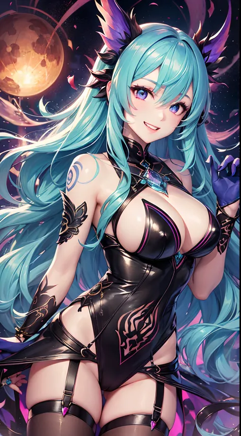 Lori Devil Woman、Half dress with slit、see -through、cleavage、Jewel-like iridescent eyes、Anime Art Style、A smile、exalted、Full body、dynamicposes、Hair with waves、rainbow-colored hair、Half stockings、The nipple is visible、excited、double tooth、tattoo on crotch